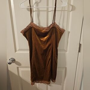 Vintage Vtg Delicates Dark Gold Velvet LingerieChemise Slip Lace Size M